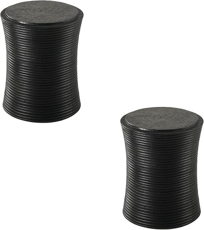COSIEST Set of 2 Outdoor Side Table Black, Round MgO Concrete Side Table, Lightweight Outdoor Accent Table with Faux Natural Slate Rock, Cylinder Patio Table Top Plant Stand for Garden and Deck