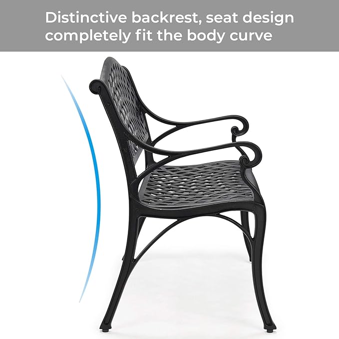 Laurel Canyon 41" Outdoor Patio Bench, Cast Aluminum Construction Furniture Chair, 2-Person Seating for Porch Backyard Garden Pool Deck, Black