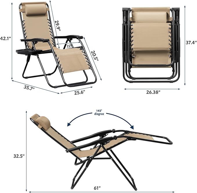 Greesum Zero Gravity Chairs Set of 2 Adjustable Steel Mesh Recliners Beach Deck Lawn Camping Patio Foldable Lounge Chair with Cup Holder Trays and Pillows,Cream-Coloured