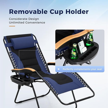 MAISON ARTS Oversized XXL Padded Zero Gravity Chair Set of 2, 30" Wide Seat Foldable Patio Recliner, Anti Gravity Outdoor Lawn Chair with Cup Holder & Pillow, Supports 400lbs, Blue
