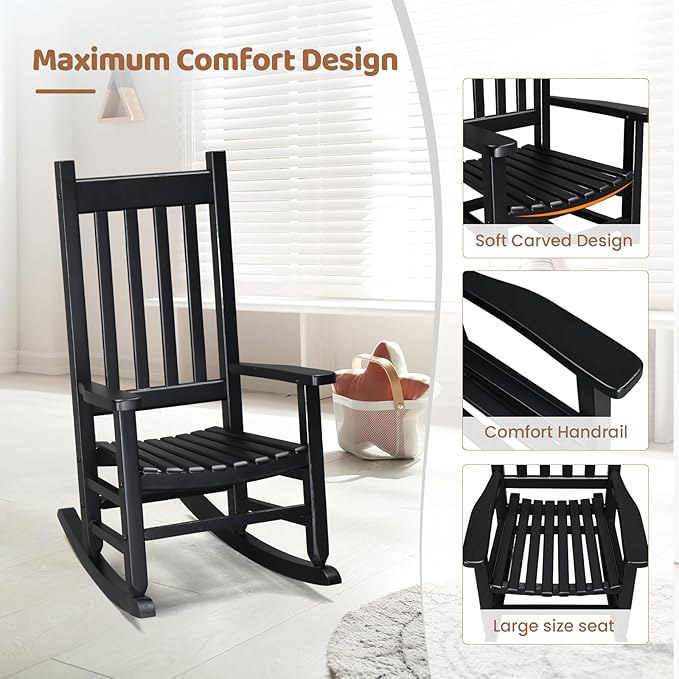 Outvita Wood Children's Rocking Chair, Perfect for Indoor or Outdoor All-Weather Wooden Porch Rocker for Garden, Yard, and Balcony, Patio Rocking Chair Suitable for Kids Ages 6-10(Black)