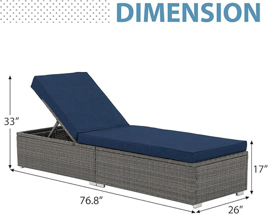 JOIVI Outdoor Chaise Lounge Chair, All-Weather PE Wicker Patio Chaise Lounge Pool Lounger, Gray Rattan Reclining Outdoor Chair with Adjustable Backrest & Removable Cushion(Navy Blue)