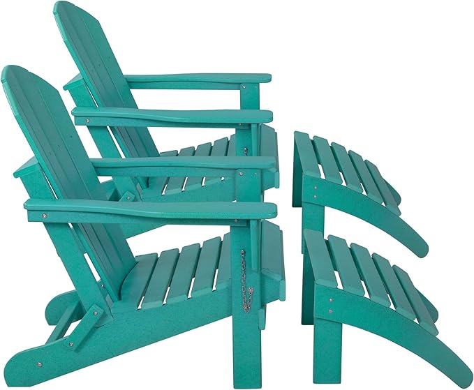 WestinTrends Malibu Outdoor Lounge Chair Set, 4-Pieces Adirondack Chair Set of 2 with Ottoman, All Weather Poly Lumber Patio Lawn Folding Chair for Outside Pool Beach, Turquoise