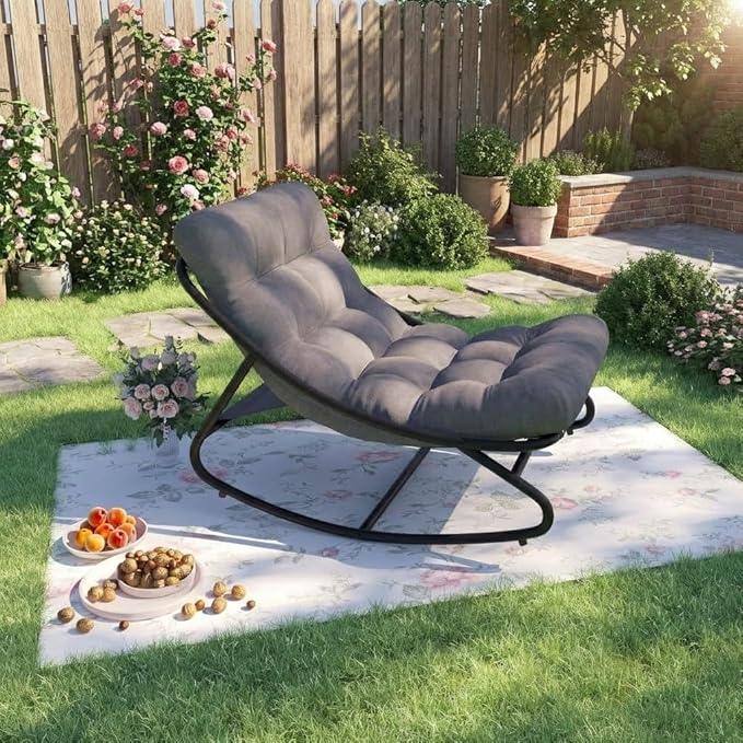 Outdoor Papasan Rocking Chair, Oversized Metal Frame Egg Rocker with Thick Waterproof Cushion, 450 lbs - Photo 9