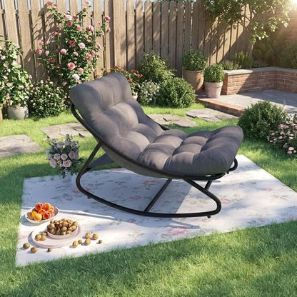 Outdoor Papasan Rocking Chair, Oversized Metal Frame Egg Rocker with Thick Waterproof Cushion, 450 lbs, Comfy Lounge for Patio, Porch, Garden, Living Room, Dark Gray