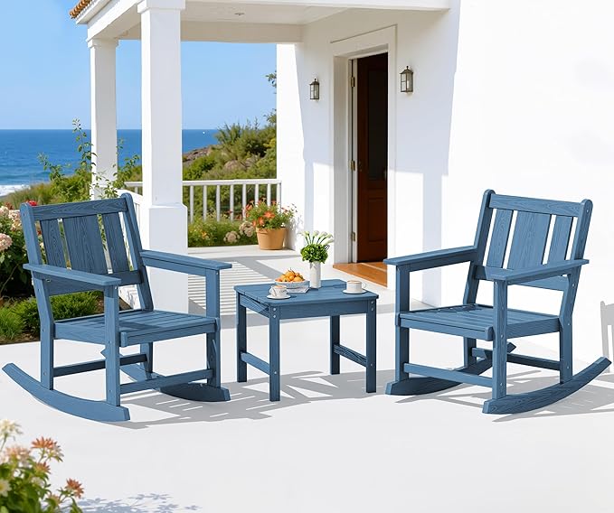 SERWALL Outdoor Rocking Chairs Set of 2 with Side Table, All-Weather HDPE 3 Piece Patio Furniture Set - Photo 1