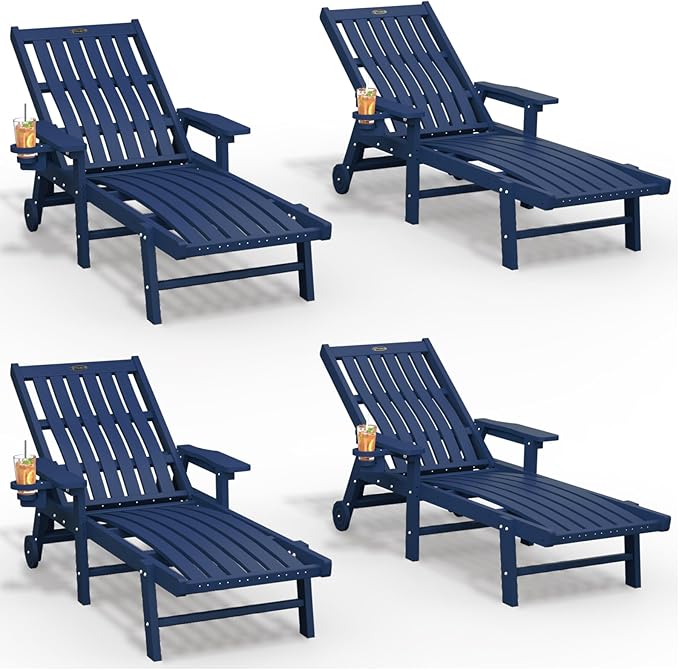 THOEOE Patio Chaise Lounge Chair Set of 4, Oversized Lounge Chair Outdoor with 5 Positions, HDPE, Patio Lounge Chair with Wheels & Cup Holder for Pool, Deck, Poolside,Navy Blue