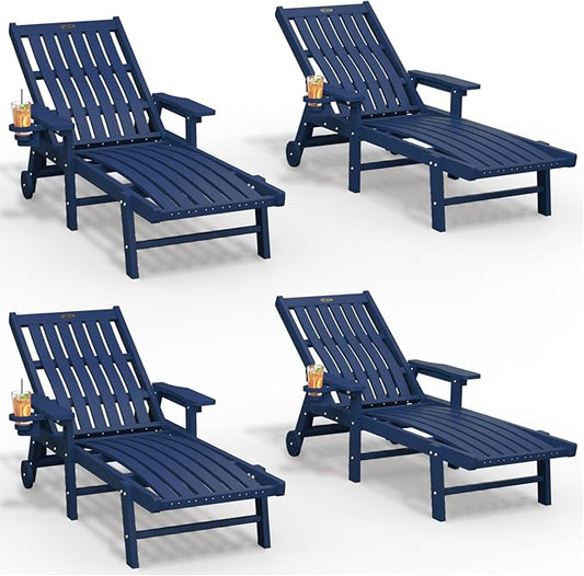 THOEOE Patio Chaise Lounge Chair Set of 4, Oversized Lounge Chair Outdoor with 5 Positions, HDPE, Patio Lounge Chair with Wheels & Cup Holder for Pool, Deck, Poolside,Navy Blue