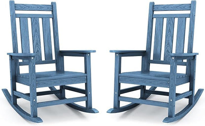 KINGYES Oversized Outdoor Rocking Chair Set of 2, All-Weather Patio Rocking Chairs for Porch, HDPE Outdoor Patio Rockers with High Back & Wide Seat for Garden, Lawn, Blue