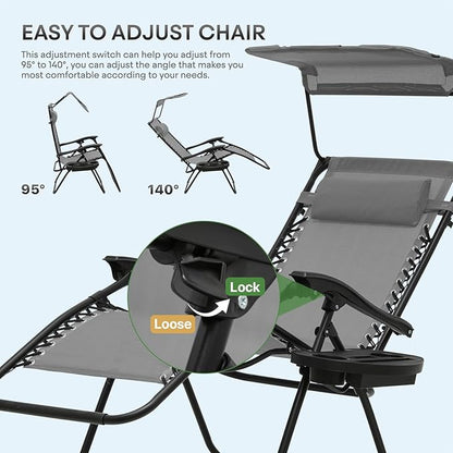 Athena Collection Folding Zero Gravity Chair with Canopy, Adjustable Lounge Chair Recliner, Outdoor Lawn Chair Camping Chairs Beach Chaise Chairs with Headrest & Cup Holder for Patio Pool, Gray