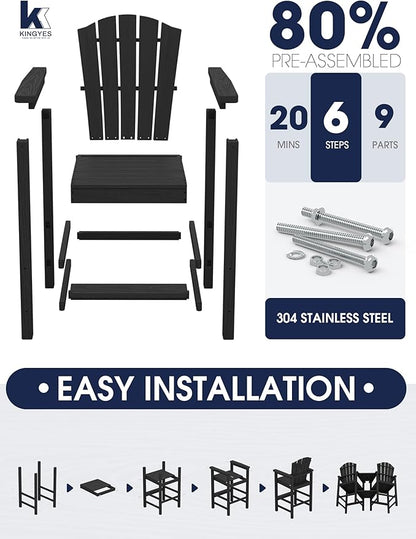 KINGYES Tall Adirondack Chair Set of 4, All Weather HDPE Outdoor Adirondack Bar Stools with Double Connecting Trays, Bar Height Airondack Chair with Wood Grain for Balcony, Deck, Backyard, Black