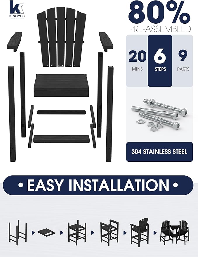 KINGYES Tall Adirondack Chair Set of 4 with 9FT Umbrella, All Weather HDPE Outdoor Adirondack Bar Stools with Double Connecting Trays, Bar Height Airondack Chair with Wood Grain for Deck, Black