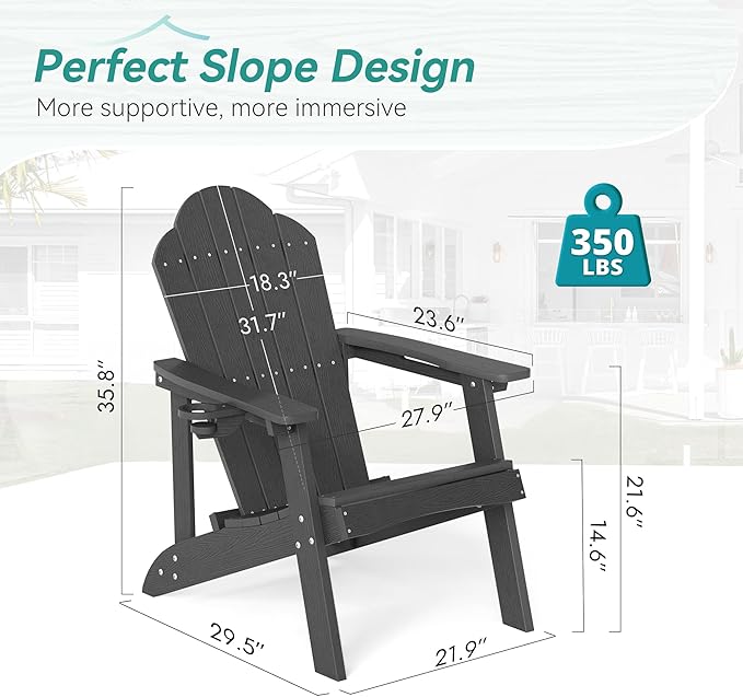 HDPE Adirondack Chairs Set of 2, Weather Resistant Outdoor Seating with Hidden Cup Holder for Porch, Patio, Deck & Fire Pit, Black