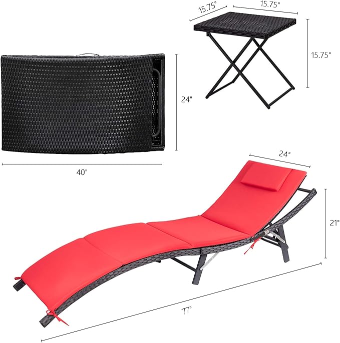 Devoko Patio Chaise Lounge Sets Outdoor Rattan Adjustable Back 3 Pieces Cushioned Patio Folding Chaise Lounge with - Photo 8