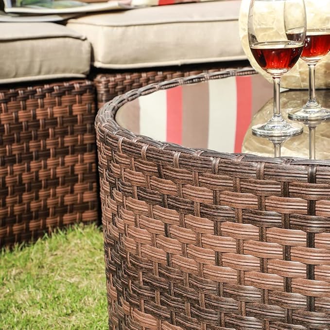 SUNSITT Round Outdoor Coffee Table with Tempered Glass Top, 28in Rattan PE Resin Wicker Patio Side Table, Brown