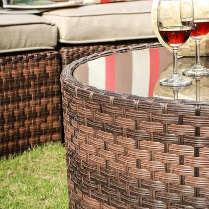SUNSITT Round Outdoor Coffee Table with Tempered Glass Top, 28in Rattan PE Resin Wicker Patio Side Table, Brown