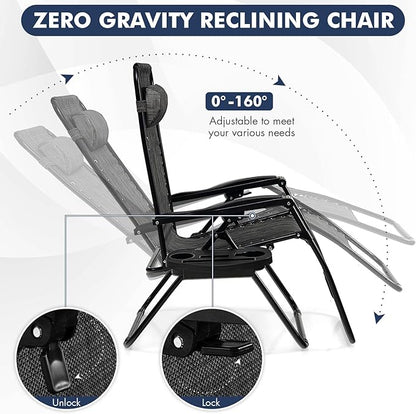 Giantex Zero Gravity Reclining Chair, Outdoor Patio Recliner with Cup Holder & Removable Pillow, Adjustable Backrest, Indoor Lounge Chair for Backyard, Garden, Poolside (Gray)