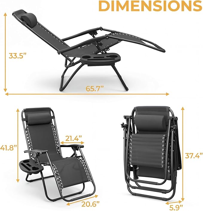 Greesum Zero Gravity Chairs Set of 2 Adjustable Steel Mesh Recliners Beach Deck Lawn Camping Patio Foldable Lounge - Photo 3
