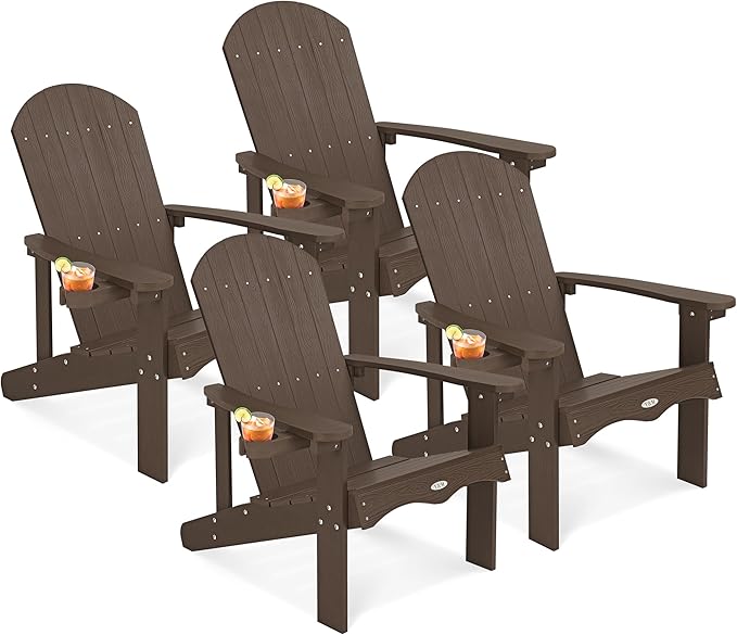 Y&M Adirondack Chair Set of 4, Dark Brown Fire Pit Chairs, Outdoor Patio Chairs with Cup Holder, Weather Resistant HDPE Wooden Textured Patio Chairs, Perfect for Garden, Lawn, Deck, or Poolside