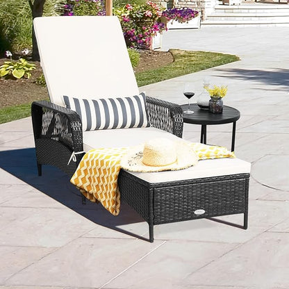 HAPPYGRILL Patio Chaise Lounge Chair Outdoor Rattan Wicker Recliner with Thick Cushion, Lumbar Pillow, Adjustable Backrest for Garden Porch Lawn Poolside