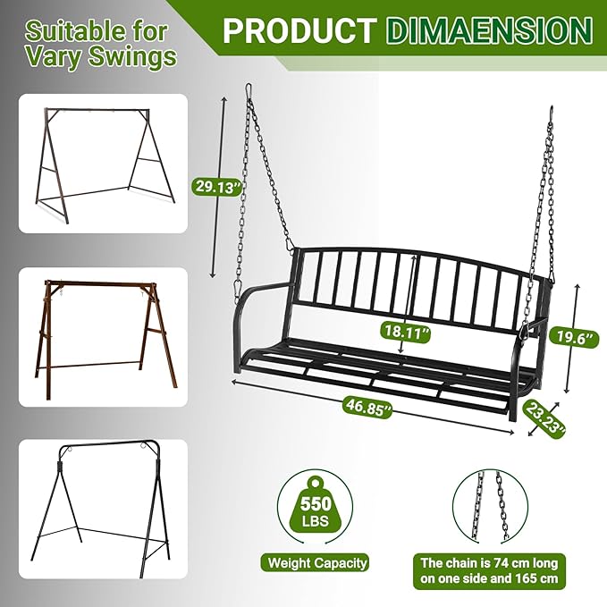 ZIMTOWN 2-Person Metal Porch Swing, 47-Inch Wide Hanging Bench，Heavy Duty Hanging Chair with 64.9" Adjustable Chains - Photo 2