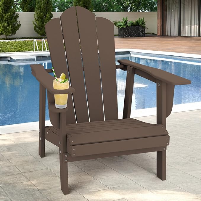 PROHIKER Adirondack Chair with Cup Holder, HDPE Outdoor Patio Chair All Weather Outdoor Chairs for Lawn Garden Porch Backyard, Plastic, Brown