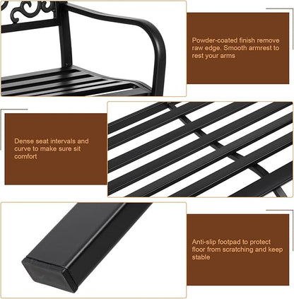 Patio Garden Bench, Cast Aluminum Outdoor Bench with Floral Backrest - Rustproof Metal Park Bench for Garden, Yard, Porch (50"X19"X34")