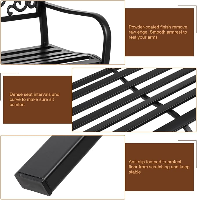 Premium 50-Inch Outdoor Garden Bench - Elegant Iron Frame & PVC Backrest, Stylish Black Finish