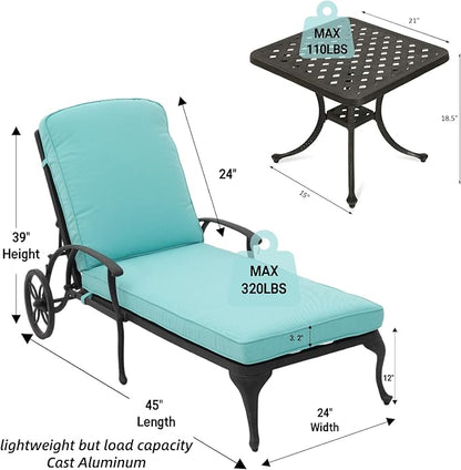 Chaise Lounge Outdoor Chair with Side Table, Adjustable Reclining Rust-Resistant Aluminum Cast Poolside Chaise with Convenient Wheels, Outdoor Lounge Furniture Set of 3, (Blue)