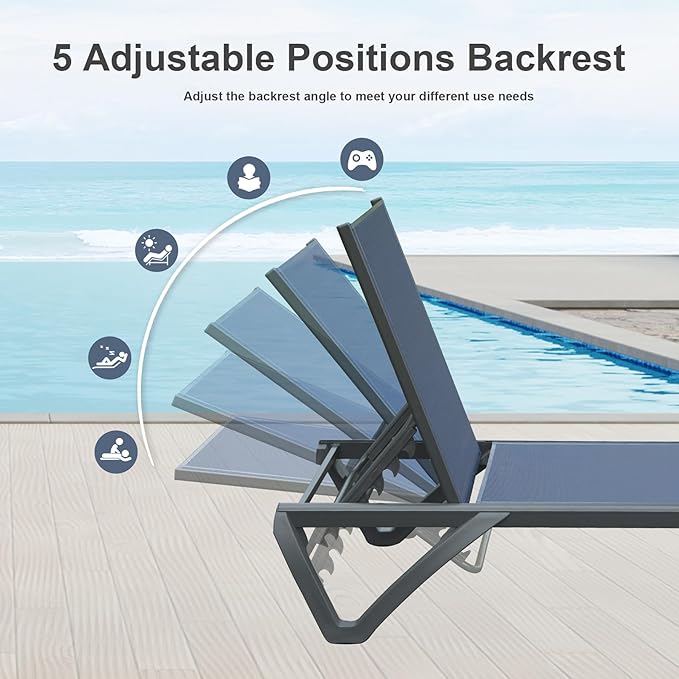 Domi Pool Lounge Chairs Set of 3, Aluminum Chaise Lounge Outdoor with Side Table - Photo 4
