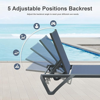 Domi Pool Lounge Chairs Set of 2, Aluminum Chaise Lounge Outdoor with Side Table, Patio Beach Lounge Chair for Outside 5 Position Adjustable & Wheels, Pool Chairs for Poolside Garden