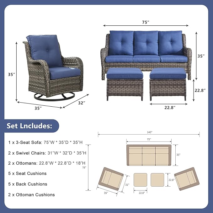 Rilyson Wicker Patio Furniture Set - 5 Piece Rattan Outdoor Sectional Conversation Sets with 2 Rocking Swivel Chairs - Photo 2