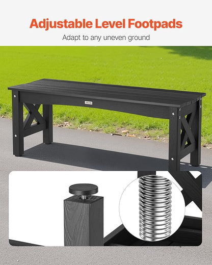 VEVOR Outdoor Bench, 44.5 inch, 600 lbs Weight Capacity, Weatherproof Plastic Frame with Adjustable Level Footpads and Thick Leg, Outside Bench for Patio, Garden, Park, Yard, Front Porch, Black