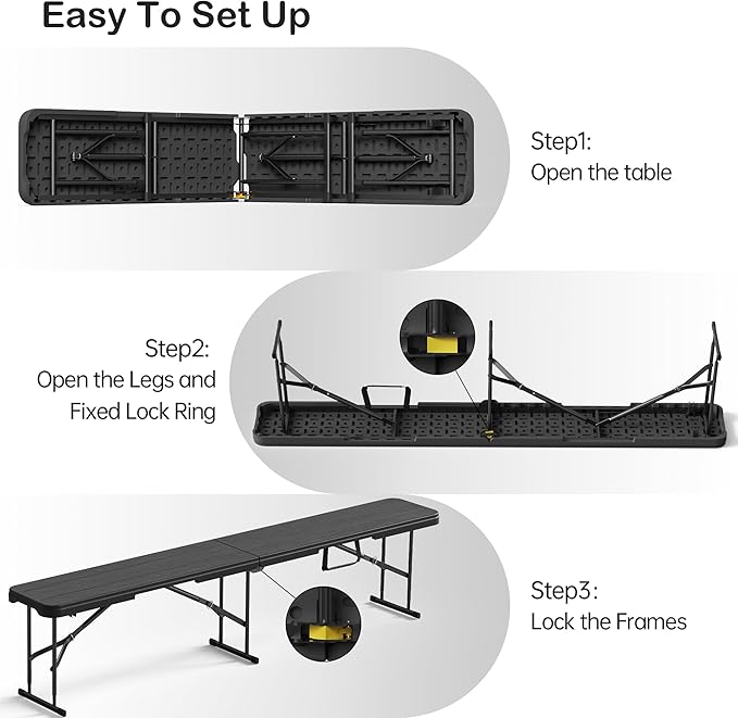 6 Foot Folding Bench, Portable Plastic Folding Bench Seat, Foldable Seat for Indoor Outdoor Picnic Camping Dining, Soccer Garden Multipurpose Entertaining Activities, Black, 2 Pack