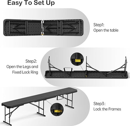6 Foot Folding Bench, Portable Plastic Folding Bench Seat, Foldable Seat for Indoor Outdoor Picnic Camping Dining, Soccer Garden Multipurpose Entertaining Activities, Black, 2 Pack