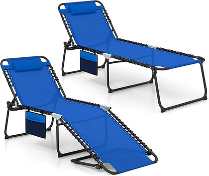 GYMAX Lounge Chair for Outside, 440lbs 27” Oversize Folding Beach Tanning Sunbath Chair with Adjustable Backrest & Removable Pillow, Lightweight Portable Patio Lounger for Lawn Poolside (Blue,2)