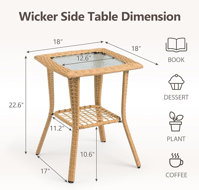 Outdoor Wood Coffee Table, Wicker Side Table, Rattan End Table with Glass Top, Patio Coffee Bistro Table for Indoor Garden Porch Balcony, Beige