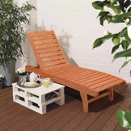 Outvita Outdoor Wooden Chaise Lounge Chair, 62" Longer Sun Lounger Recliner with Adjustable Backrest and Wheels, for Beach Poolside Deck Porch Garden