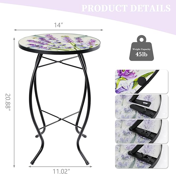 MUMTOP Outdoor End Tables for Patio, Lavender Small Round Side Table, Glass Accent Table for Outside, Garden, Balcony, Porch, Indoor Home Decor