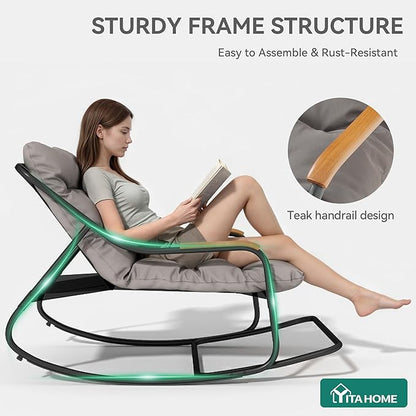 YITAHOME Patio Oversized Rocking Chair, Versatile Indoor/Outdoor Textilene Lounge with Soft Thick Cushion, Teak Armrests and Footrest, Ideal for Living Room, Porch, or Backyard