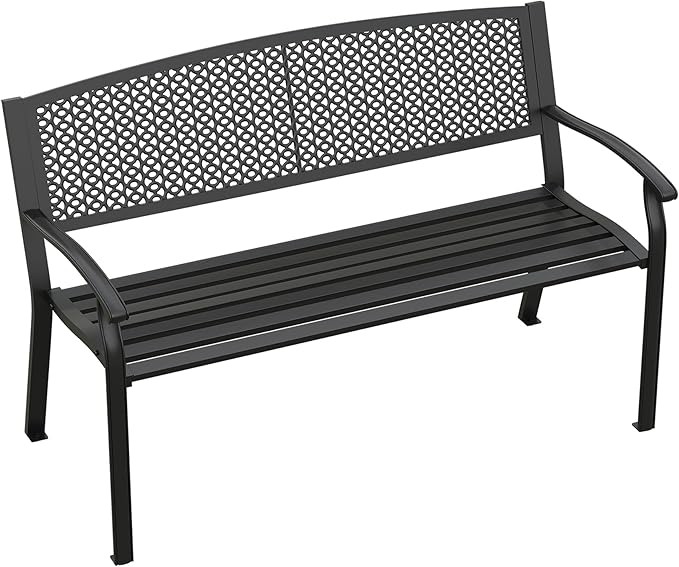 50.4" Garden Bench, Metal Outdoor Bench with Backrest and Curved Armrests for Patio Porch Lawn, Black - Photo 3