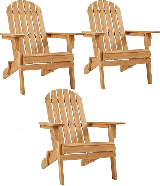 Yaheetech Folding Adirondack Chair Set of 3 Outdoor, 300LBS Solid Wood Garden Chair Weather Resistant, Fire Pit Lounge Chairs for Garden/Yard/Patio/Lawn, Natural Wood