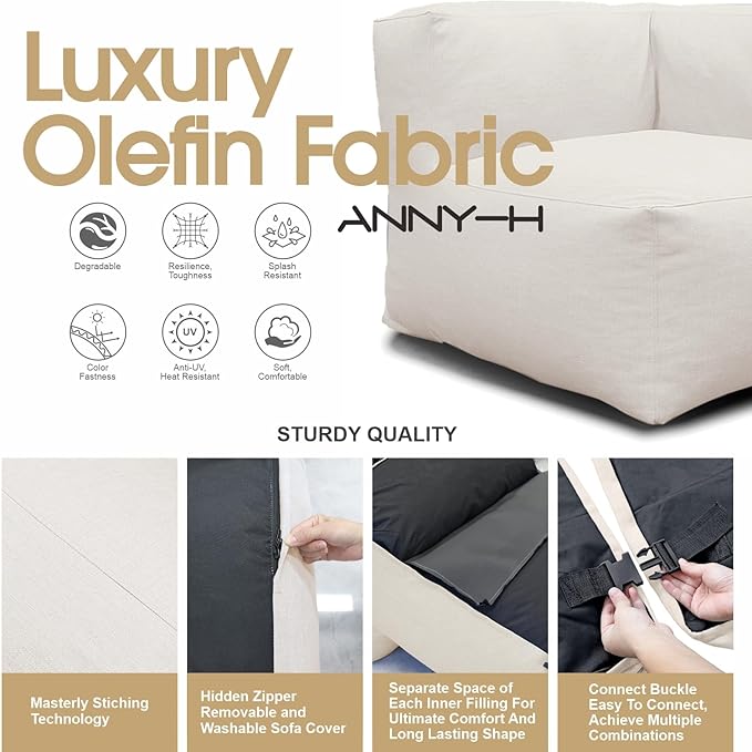 Dineli Modern Coner Chair Arm-Rest Chair Outdoor Furniture Comfy Patio Couch Sofa Outdoor Bean Bag Chair Creating a Unique Patio Garden Modular Contemporary Sofa, Lazy Sofa for Outside (Light Beige)