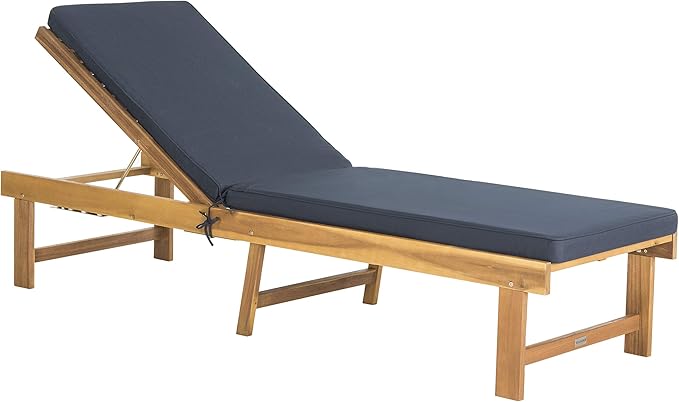 SAFAVIEH Outdoor Collection Inglewood Natural Solid Wood/Navy Cushion Adjustable Chaise Lounge Chair (PAT6723B) - Photo 3