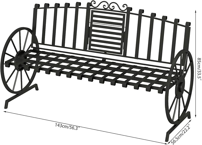 Outdoor Bench Patio Outdoor Garden Bench with Built-in Table, Wagon Wheel Arms, 3 People Outdoor Bench Garden Bench Front Porch Furniture (Black)