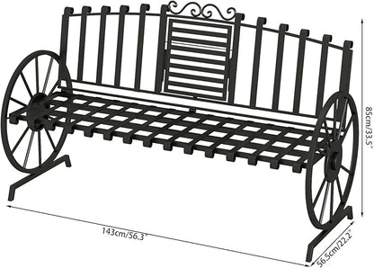 Outdoor Bench Patio Outdoor Garden Bench with Built-in Table, Wagon Wheel Arms, 3 People Outdoor Bench Garden Bench Front Porch Furniture (Black)
