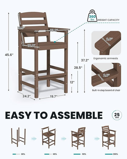 SERWALL Tall Adirondack Chairs Set of 2, Oversize Balcony Adirondack Chairs Set, Outdoor Bar Height Barstools Widened Chair Set for Bistro, Poolside, Garden, Brown