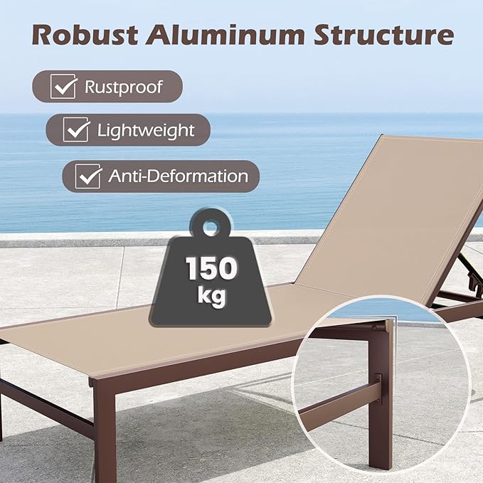HAPPYGRILL Aluminum Chaise Lounge Chair, Heavy-Duty Patio Recliner W/ 6-Level Backrest & Breathable Fabric - Photo 5