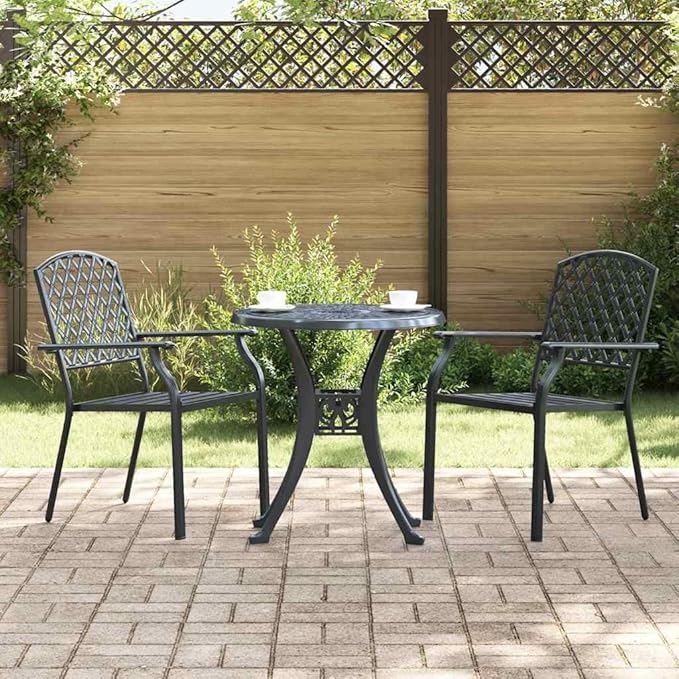 Stackable Garden Chairs 2 Pack, Steel Outdoor Patio with Armrests, Anthracite Modern Dining Chairs for Terrace, Balcony, Backyard, Heavy Duty 242 lb Capacity, Easy Assembly & Space Saving