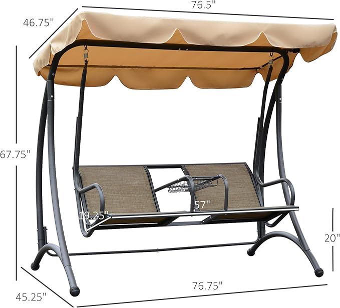 Outsunny 2-Seat Patio Swing Chair, Outdoor Porch Swing Glider with Adjustable Canopy, Cup Holders and Storage Tray - Photo 7